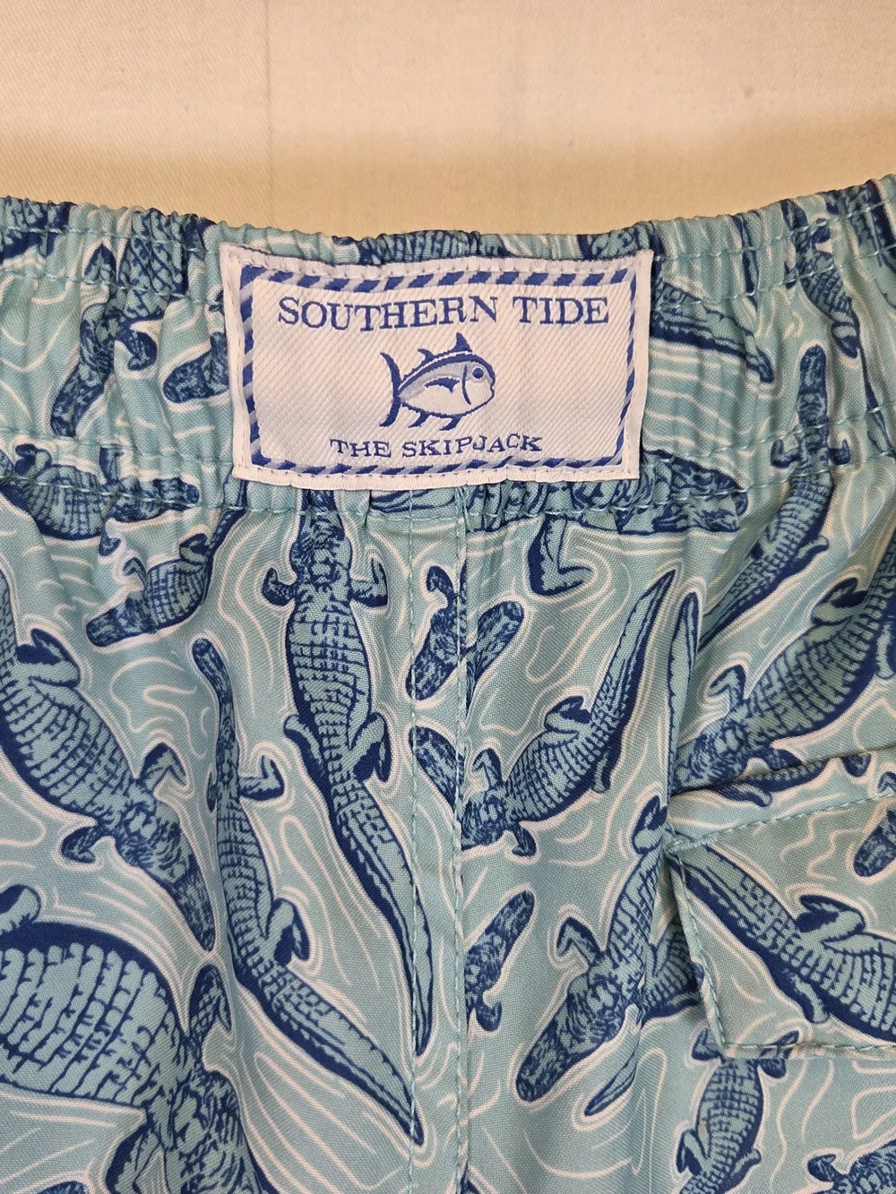 Southern Tide Boys Medium Alligator Print Swim Trunks Blue. #0337